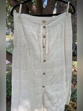 Button-Front Cream Maxi Skirt with Textured Knit Panels